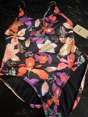 Nike Women's Black Floral One-Piece Swimsuit with Orange, Pink & Purple Flowers